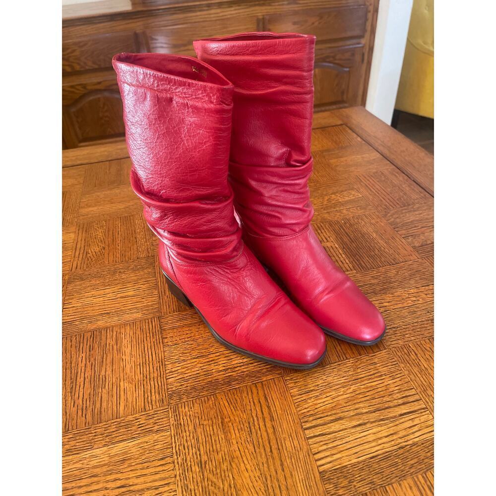 90s Vintage Red Leather Mid Calf Slouchy Boots • 6 • Hunt Club • Chunky Heeled - Picture 2 of 6